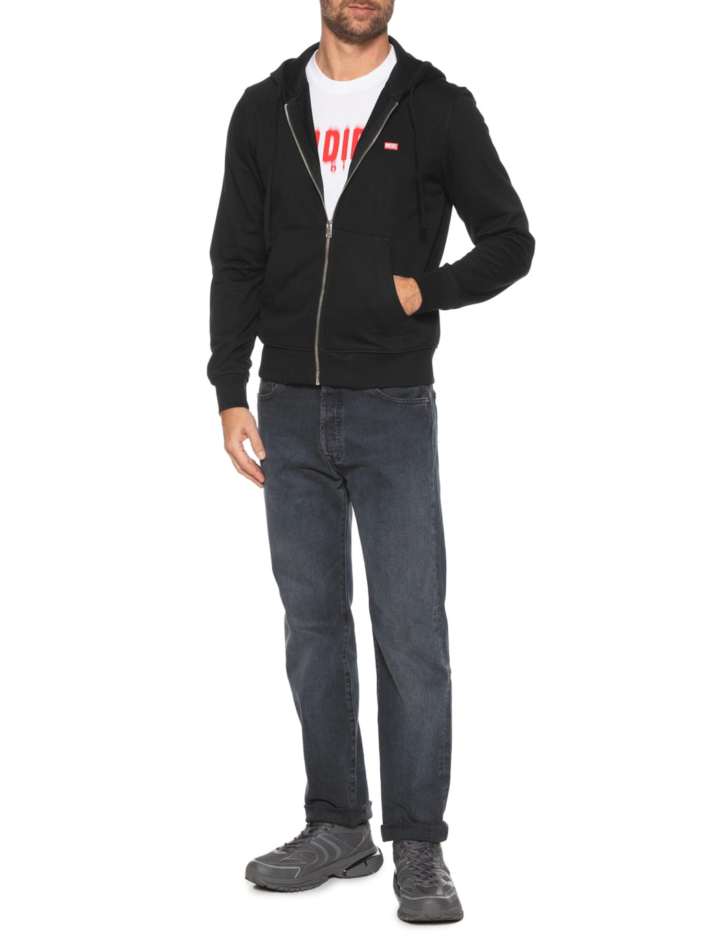 DIESEL Jaqueta Masculina Básico Moletom Com Capuz E Logo Patch Preto Diesel
