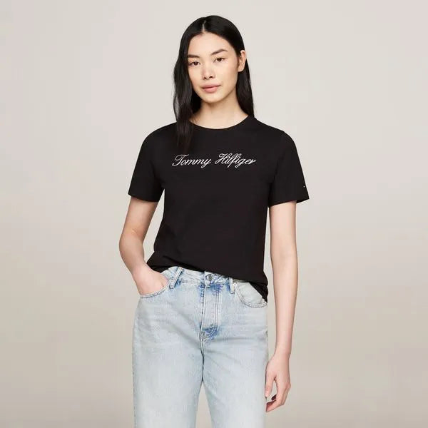 Camiseta Logo Cursivo Bordado Tommy Hilfiger Feminino
